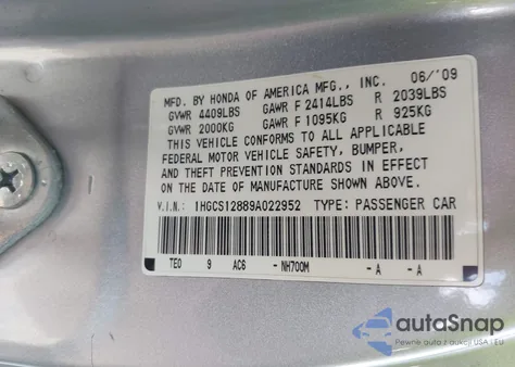 2009 Honda Accord 2.4 Ex-L z USA, uszkodzony, nr VIN 1HGCS12889A022952